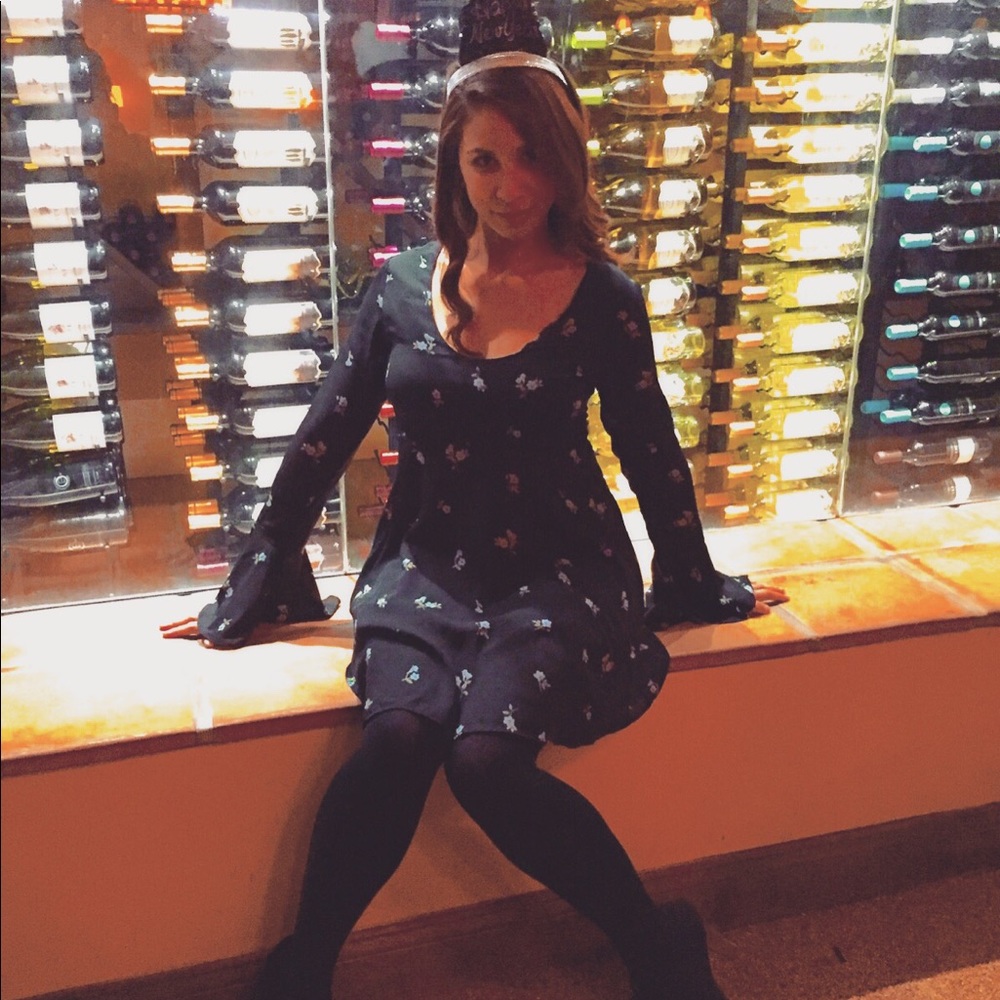 Black & Blue Floral Bell Sleeve Dress